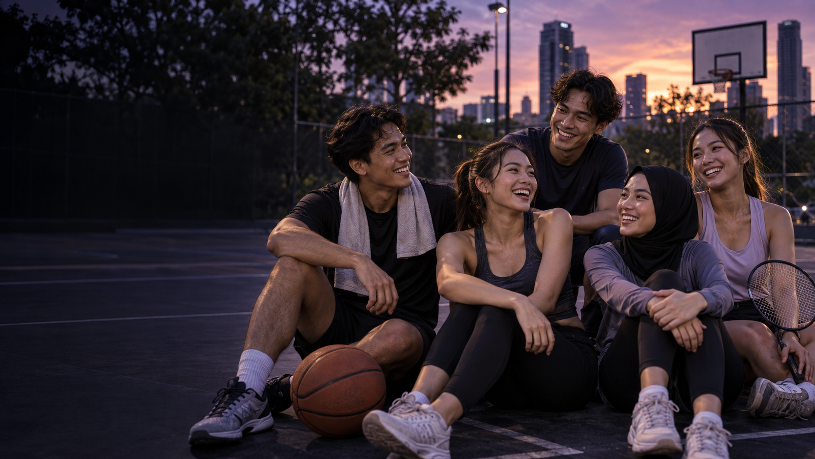 Friends relaxing after playing sport