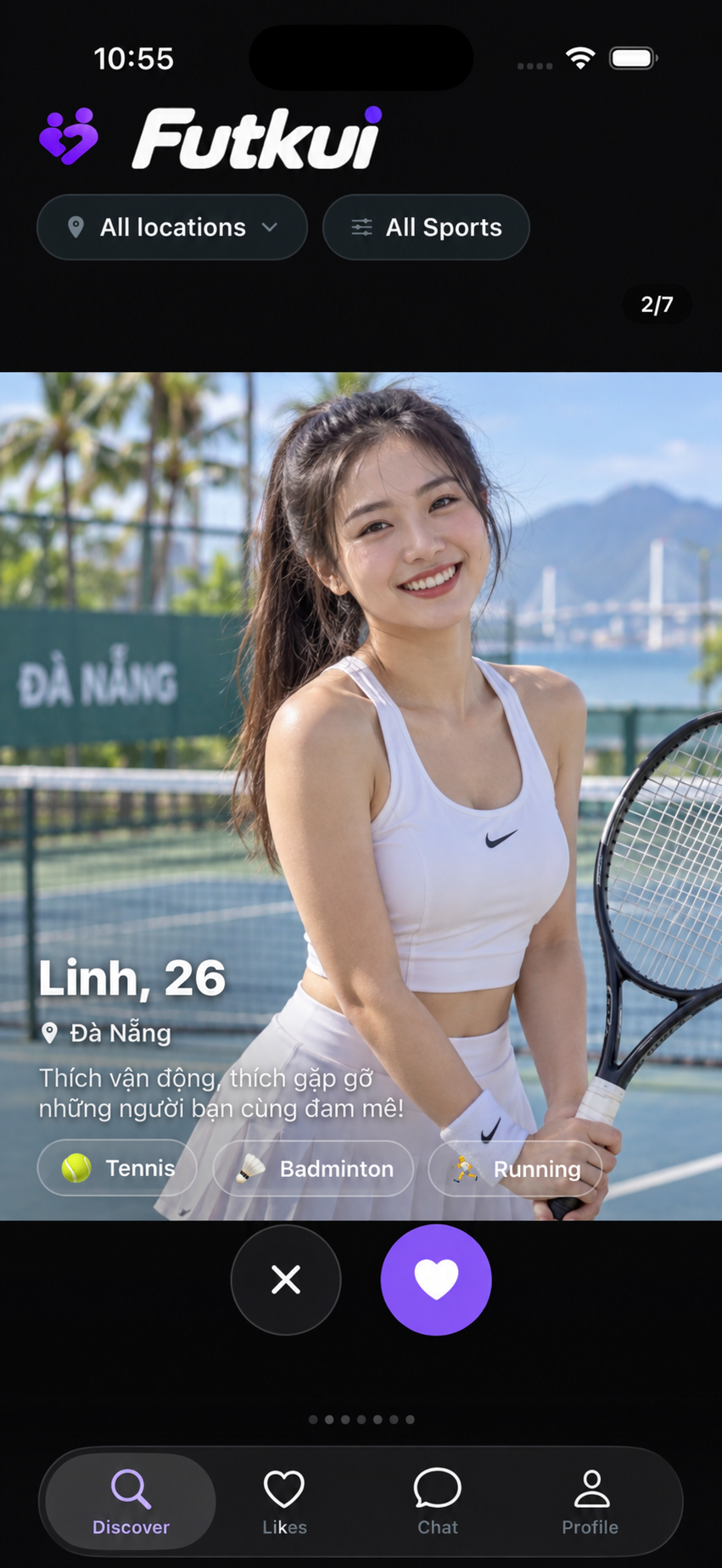 Futkui Discover screen featuring Linh, a tennis player in Da Nang